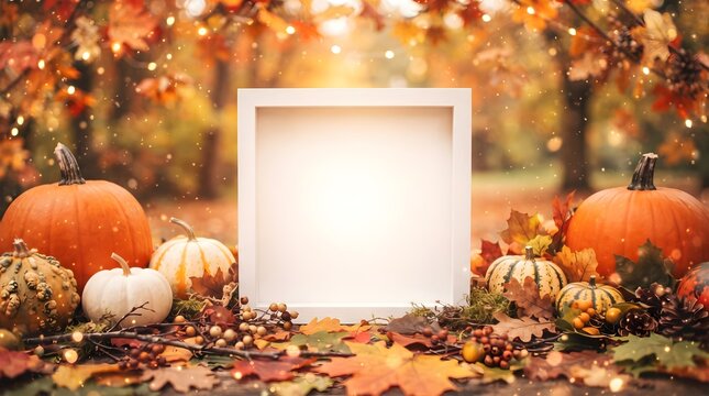 A beautiful and warm thanksgiving scene with vibrant autumn foliage pumpkins and a blank frame perfect for adding your own festive message or family photos