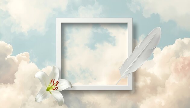 White square frame adorned with elegant lily flower and soft feather against artistic blue sky with fluffy white cloud texture