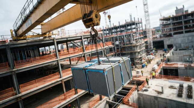 Overhead gantry crane hook lifting prefabricated steel modules at a construction site with safety netting and industrial equipment.