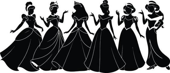 Collection of six black silhouettes of princesses wearing ball gowns and tiaras on a white background © Ferdows World