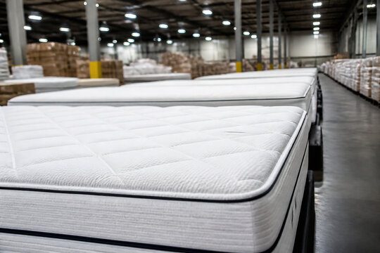 A close-up of a white quilted mattress in a large warehouse setting with stacked mattresses in the background.