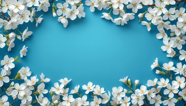 Beautiful white cherry blossoms arranged in a circular floral frame on a vivid blue background creating elegant spring decorative border