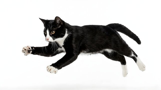 Black and white cat jumping mid-air isolated on white background