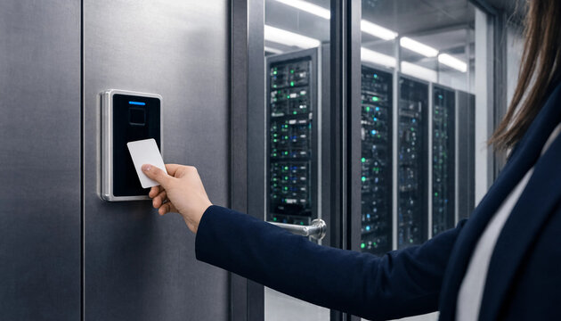 Business professional using access card to open door in high security data center facility with security badge server room authorized access entry system biometric access corporate securit