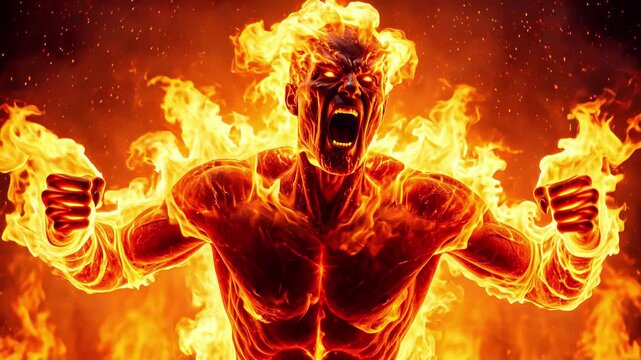 Aggressive man transformed into fire elemental screaming in rage. Powerful supernatural entity with glowing eyes and burning body. Panning and tilting camera movement.