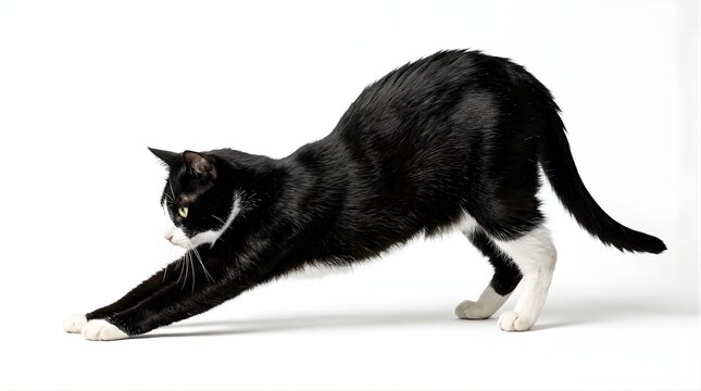 Black and white cat stretching its body against a plain white background