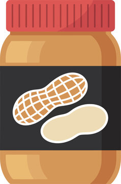 Jar of peanut butter with a red lid and peanut on a black label isolated on white background