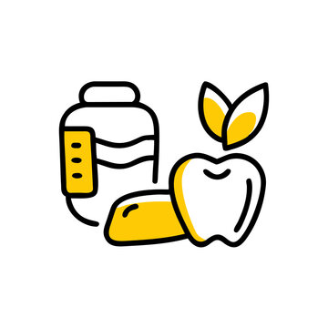 Healthy food and supplements icon with apple and water bottle doodle.