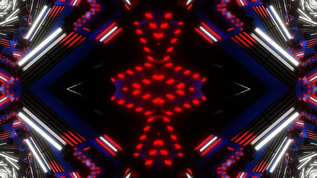 White and Blue and Red Sci-Fi Neon Glow Square Spiral Kaleidoscope Background VJ Loop in 4K