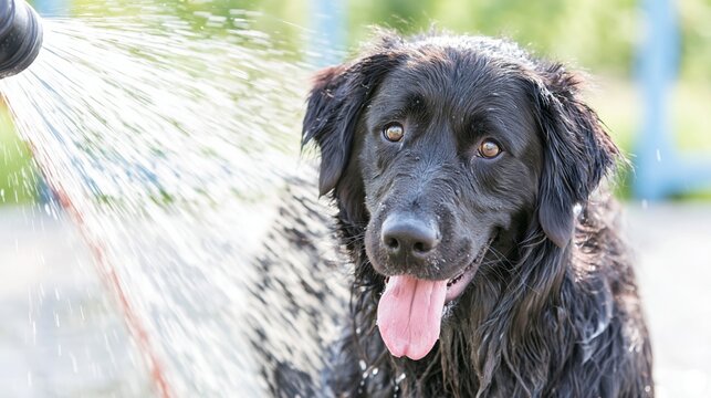 Black dog enjoying an outdoor wash with a garden hose, water splashing on its wet fur during a pet care session