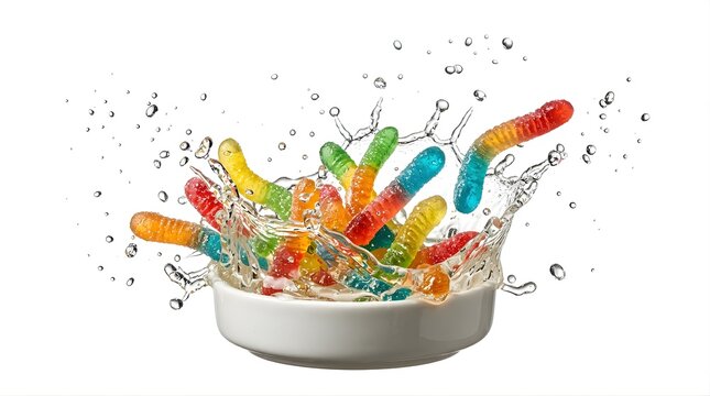 Colorful gummy worms splashing in a bowl of water isolated on white
