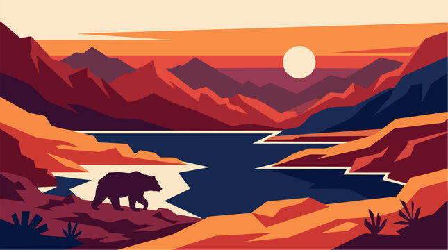 Flat vector illustration of a bear walking by a mountain lake at sunset.