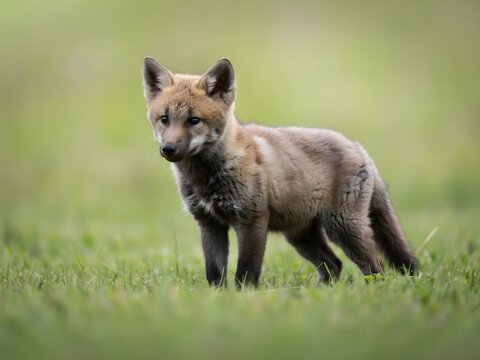 Young fox standing in green grassy field during daytime