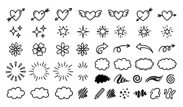 Hand drawn line element set featuring cute hearts sparkle stars arrows flower doodles cloud frames and surprise emphasis strokes in black and white vector line art