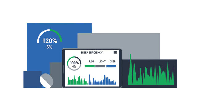 Sleep efficiency app interface showing health metrics and data charts on a tablet.