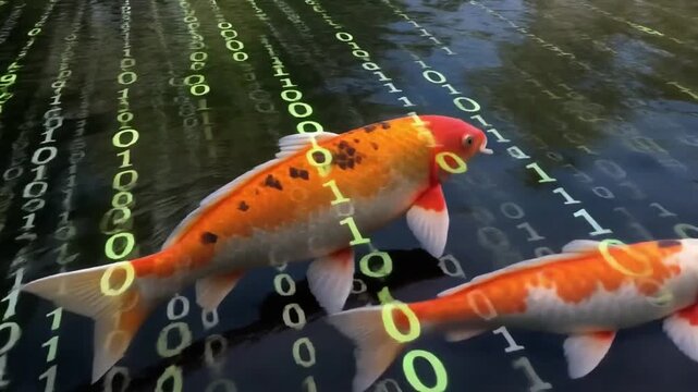 Digital Koi Fish Swimming in Binary Code Water, Futuristic Technology Concept
