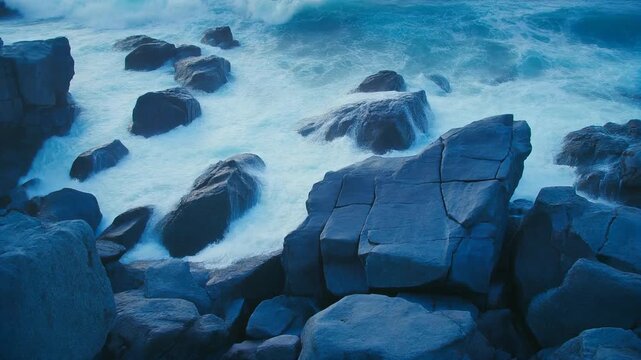 Ocean Waves Crashing on Rocky Shoreline at Dusk, Sea Spray and Coastal Landscape