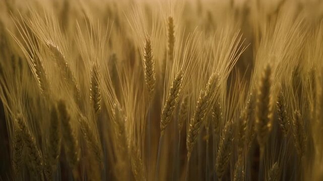 Golden Wheat Field at Sunset, Ripe Grain Ears Swaying in Gentle Breeze, Agricultural Landscape