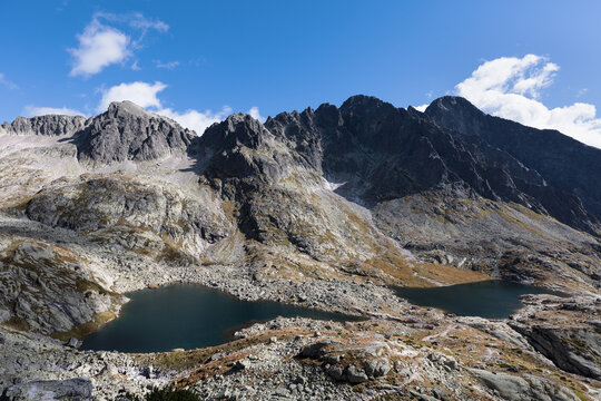 Valley of the Five Spis Lakes, Kotlina Piatich spisskych plies, view from Pfinnova kopa, High Tatras, Vysoke tatry, Slovakia. Landscape with mountains and mountain lakes in the summer.