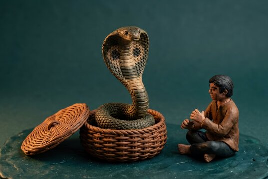 Cobra Basket Scene with Snake Charmer Figurine and Wicker Craft