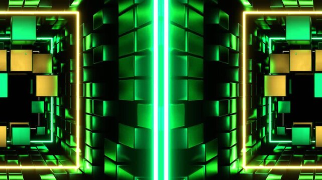 Turquoise and Light Yellow Cubic Entity Move Through Kaleidoscope Background VJ Loop in 4K