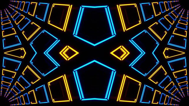 Orange and Blue Neon Squares in Glossy Kaleidoscope Background VJ Loop in 4K