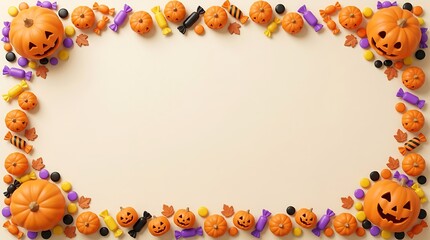 Fototapeta premium Festive Halloween themed frame featuring miniature ghost and bat decorations arranged on a soft pastel blue background with ample copy space for seasonal text