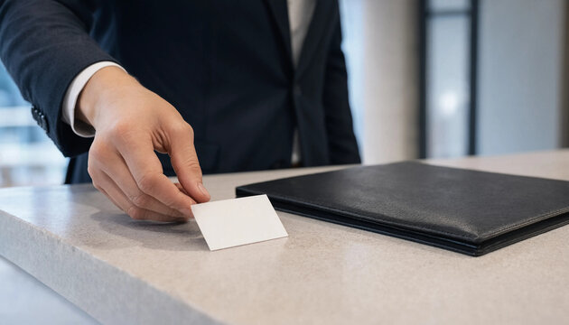 Professional placing a blank white card onto a black presentation folder on a marble desk with corporate office reception desk marble countertop client service office supplies business mee