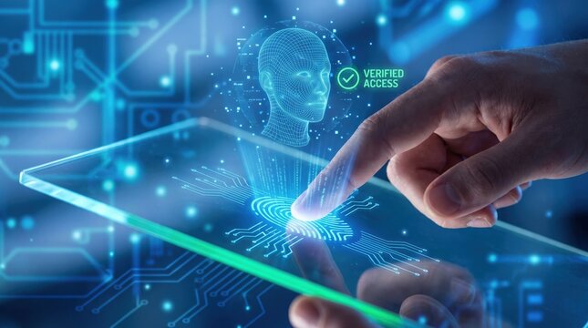 Facial recognition technology with verified access on a digital display ai concept