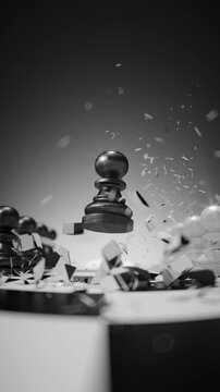 Chess animation of a pawn bursting upward from the board with debris and dramatic impact. Cinematic strategy background for competition, power, and game visuals. 3D render vertical video.