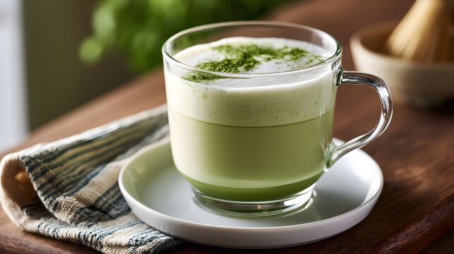 A clear glass cup holds a creamy green matcha latte topped with froth and powdered matcha  resting on a white saucer beside a striped cloth on a