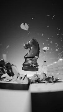Looped knight animation bursting upward from the chessboard in a cloud of fragments. Powerful strategy background for competition, battle, and tactical design. 3D render vertical video.