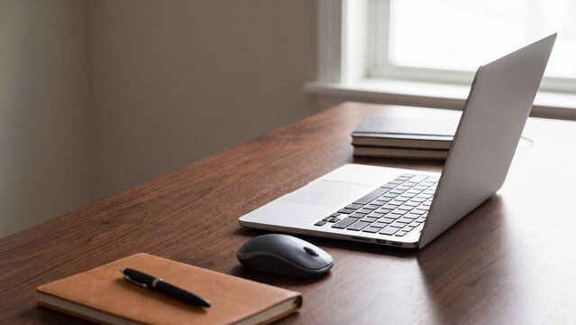 Laptop computer rests on a wooden desk beside a leather notebook and computer mouse in a bright office.