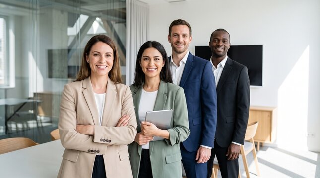 Four diverse professional business team members standing in modern office.