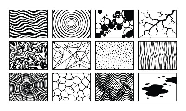 Abstract texture templates with wavy lines and geometric graphic shapes.
