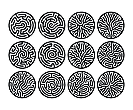 Maze circle pattern collection with organic labyrinth and circuit lines.
