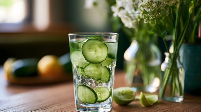 A tall glass of clear water with fresh cucumber slices  set on a wooden table beside a vase of white flowers and lime wedges