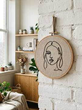 Boho Home Decor with Embroidered Portrait Wall Art and Plants
