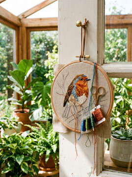 Hand Embroidered Bird in Hoop Hanging by Sunny Window with Green Plants