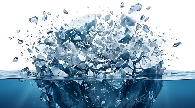 Exploding iceberg with ice shards shattering above ocean water surface