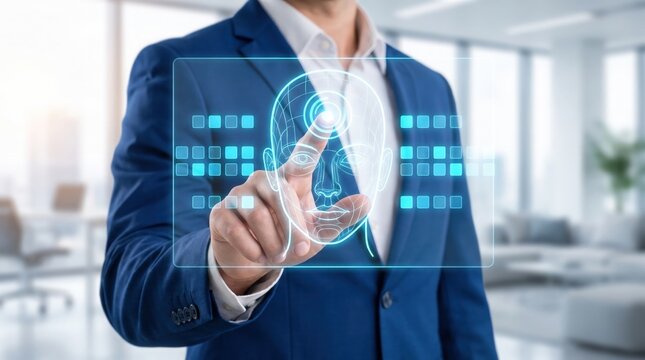 Man interacting with holographic facial recognition ai interface futuristic technology