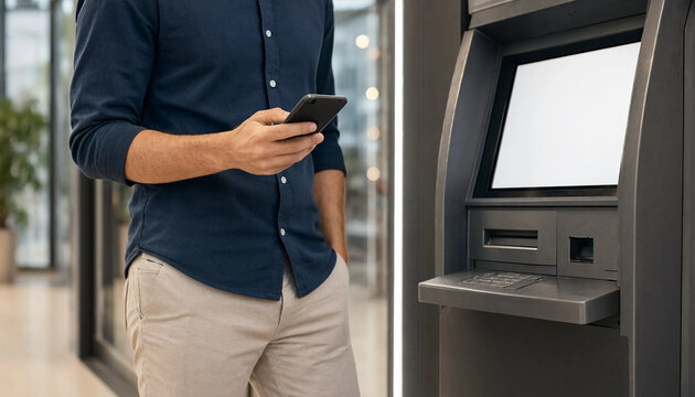 Casual man holding a smartphone near a blank screen banking terminal with atm machine banking service financial technology bank machine cash withdrawal mobile banking digital banking