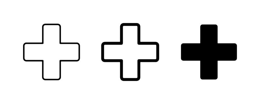 Plus Sign Icons, Simple Cross Shapes, Graphic Elements for Design, White and Black