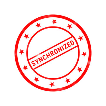 Red synchronized rubber stamp icon, circular business approval seal with stars, isolated verification mark on white background