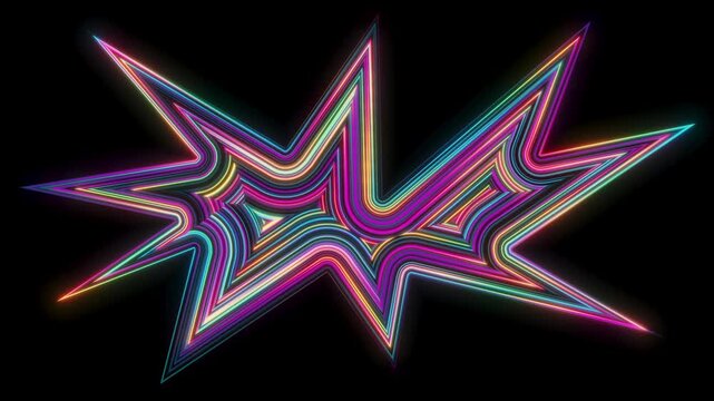 Neon gradient outline forms a sharp abstract star shape on black. Stylish looped video background for music, fashion, and futuristic motion graphics.