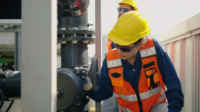Professional female engineer wearing safety hard hat and vest inspecting and operating industrial pipeline valves on a factory rooftop. Maintenance technician checking HVAC cooling system equipment.