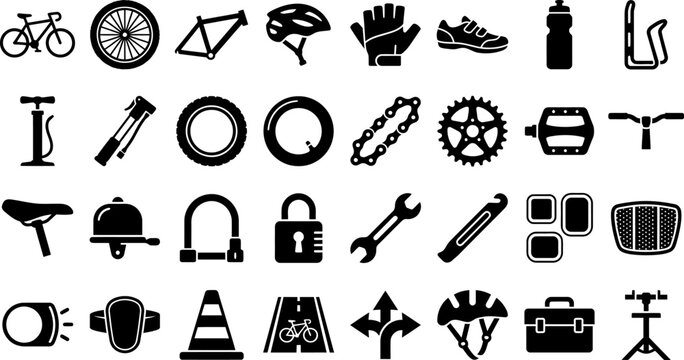 Comprehensive vector icon set for cycling enthusiasts bicycle parts, accessories, safety gear, tools, and road signs in black silhouette