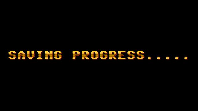 Saving progress, a text-based graphic interface indicating game or application data preservation with a blinking cursor effect