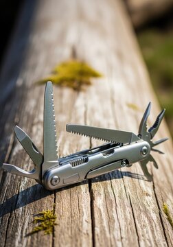 Close-up of a versatile stainless steel multi-tool knife with various folding blades and tools resting on a weathered wooden log outdoors, accessory, hardware, screwdriver