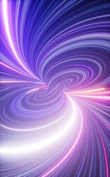 Swirling neon trails spin through a vivid vertical vortex in seamless motion. Futuristic background for music, social content, and digital design. 3D render motion.
